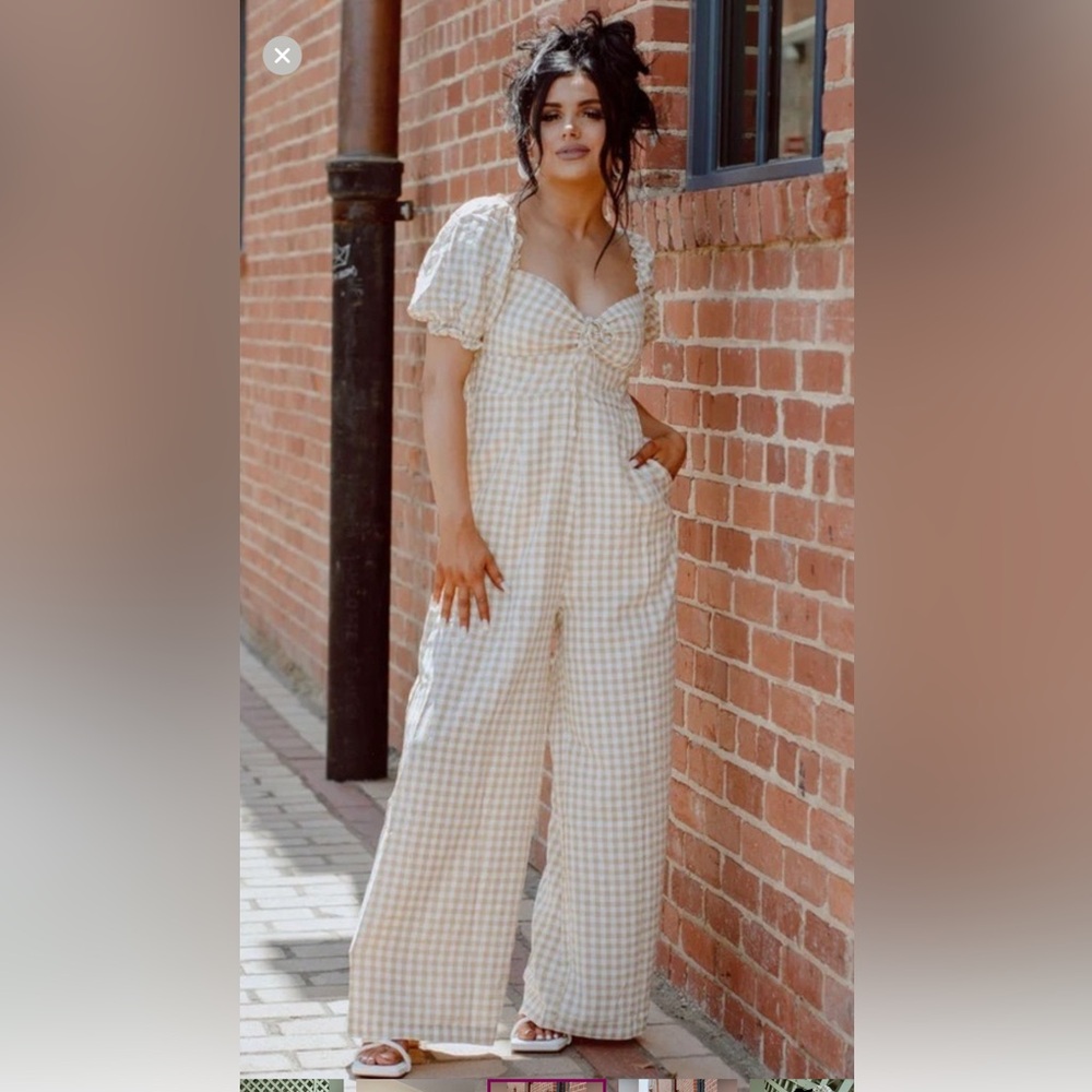 Chic Puff Sleeve Gingham Jumpsuit - Cream
